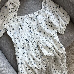 Floral Puff-Sleeve Midi Dress in White with Blue Print